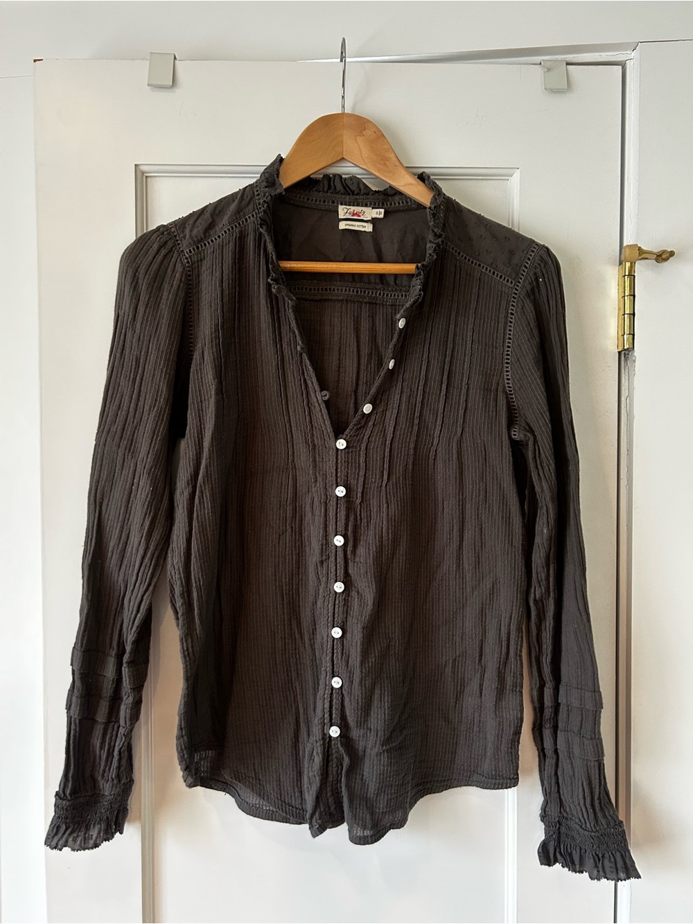 Faherty Charcoal Crinkle Button-Up Blouse
